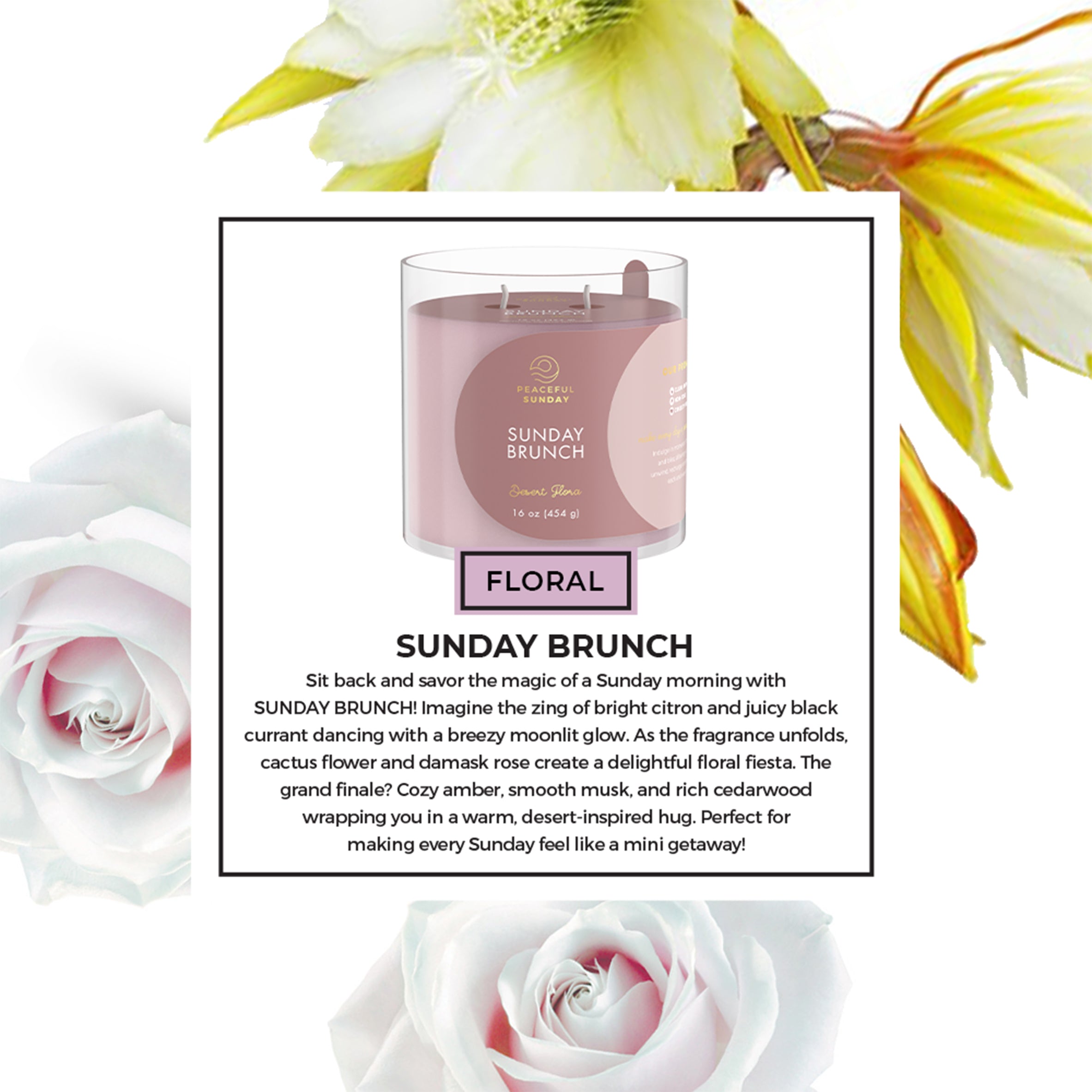Candle labeled 'Sunday Brunch' with floral and moonflower background
