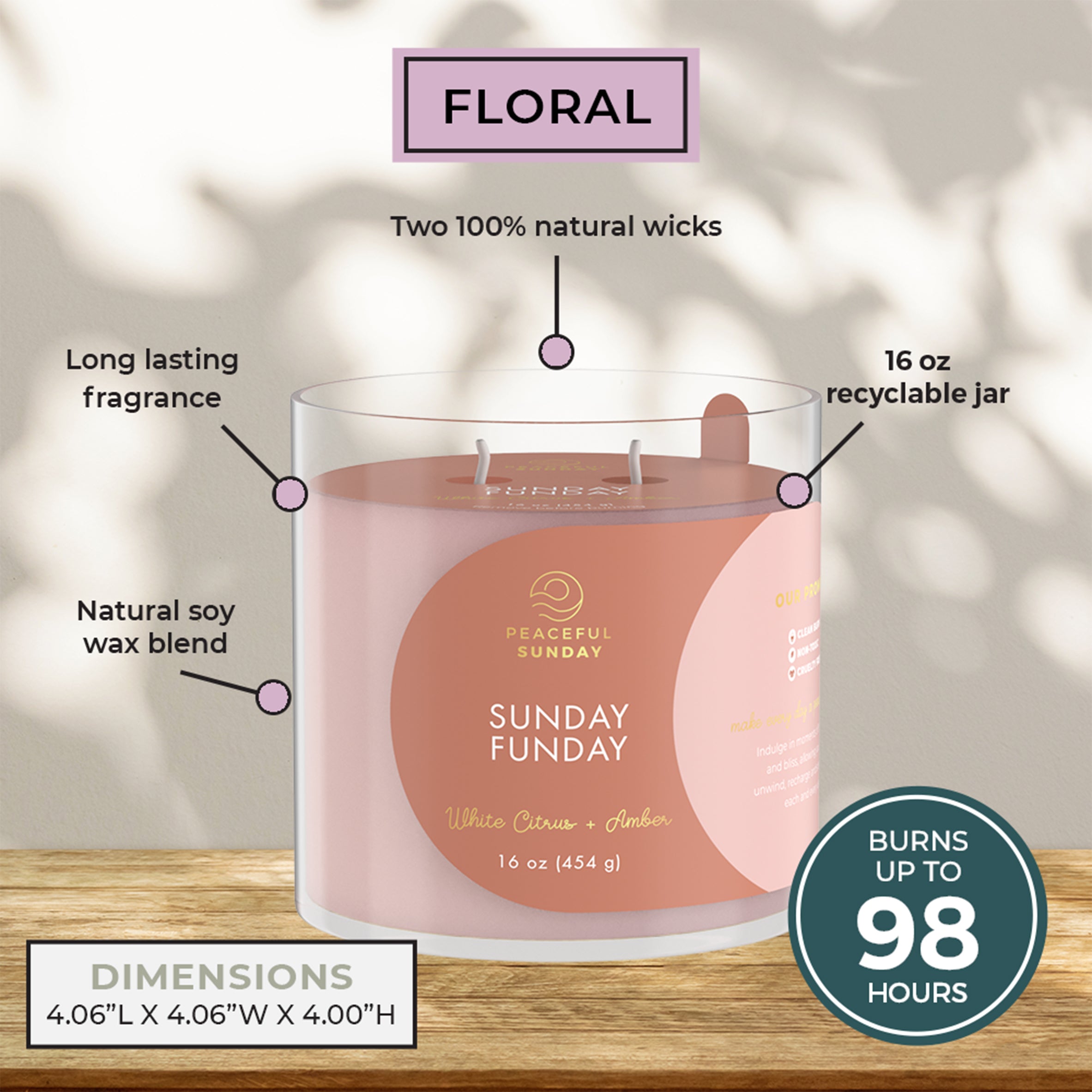 Candle labeled 'Sunday Funday' with features highlighted on a wooden surface.