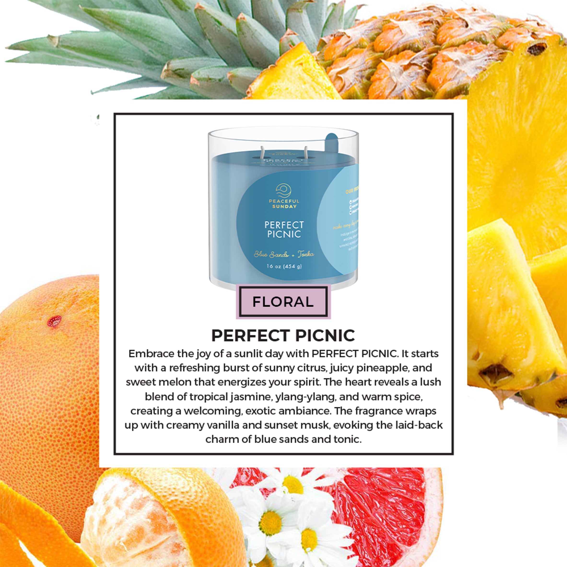 Candle labeled 'Perfect Picnic' with pineapple, orange, and grapefruit in the background