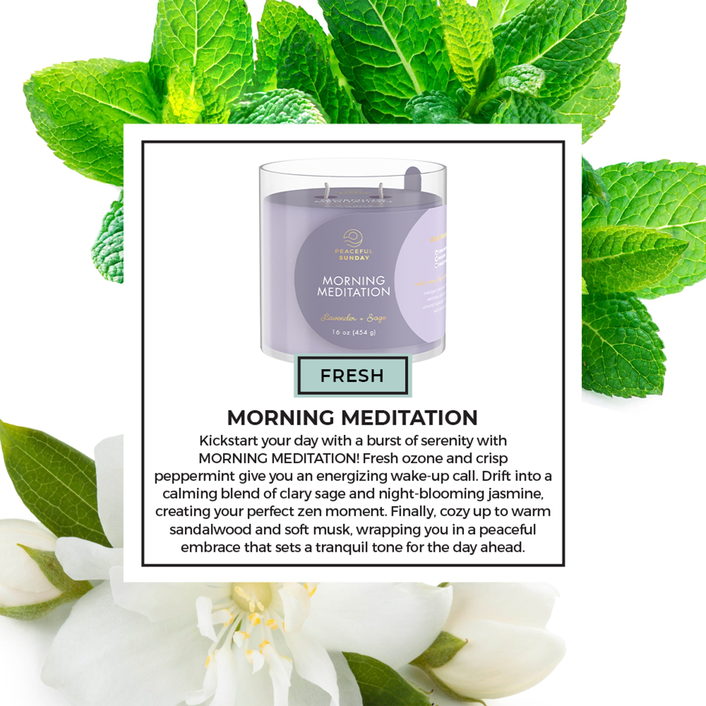 Candle packaging with green leaves and white flowers on a white background