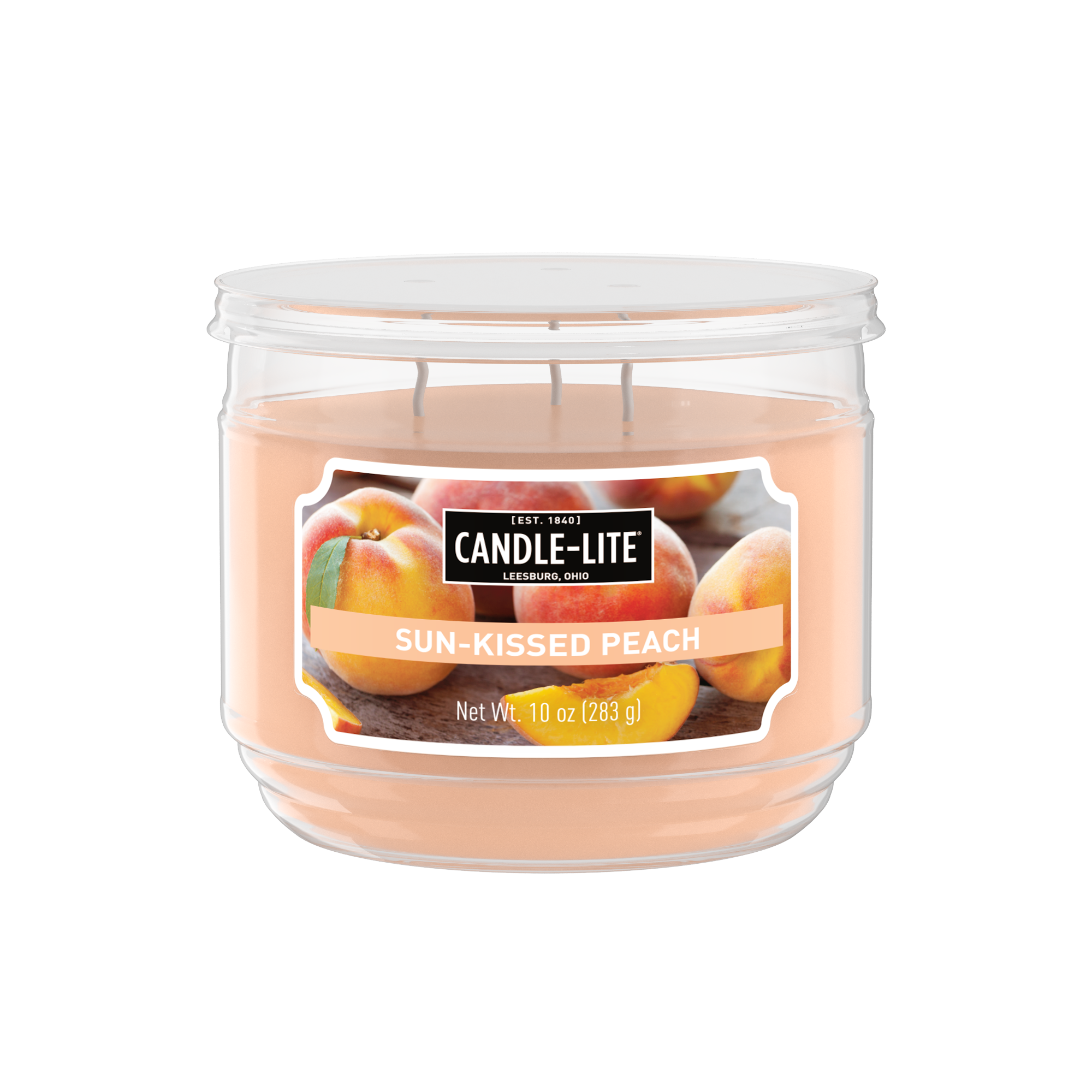 Candle-lite Sun-Kissed Peach candle in a clear container on a white background