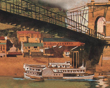 Old painting of a steam ship underneath a bridge in Cincinnati, Ohio.