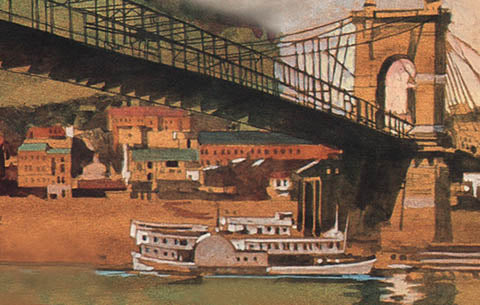 Old painting of a steam ship underneath a bridge in Cincinnati, Ohio.