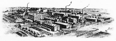 Black and white drawing of old factory and housing