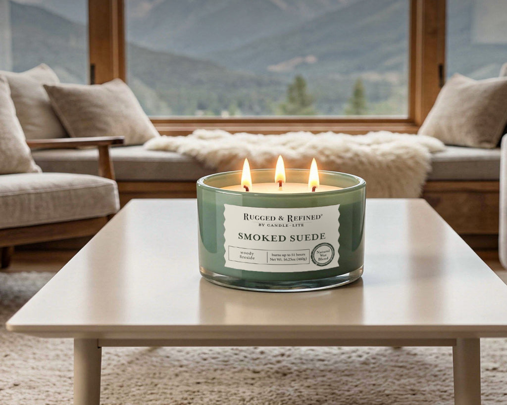 'Smoked Suede' candle lit on a coffee table