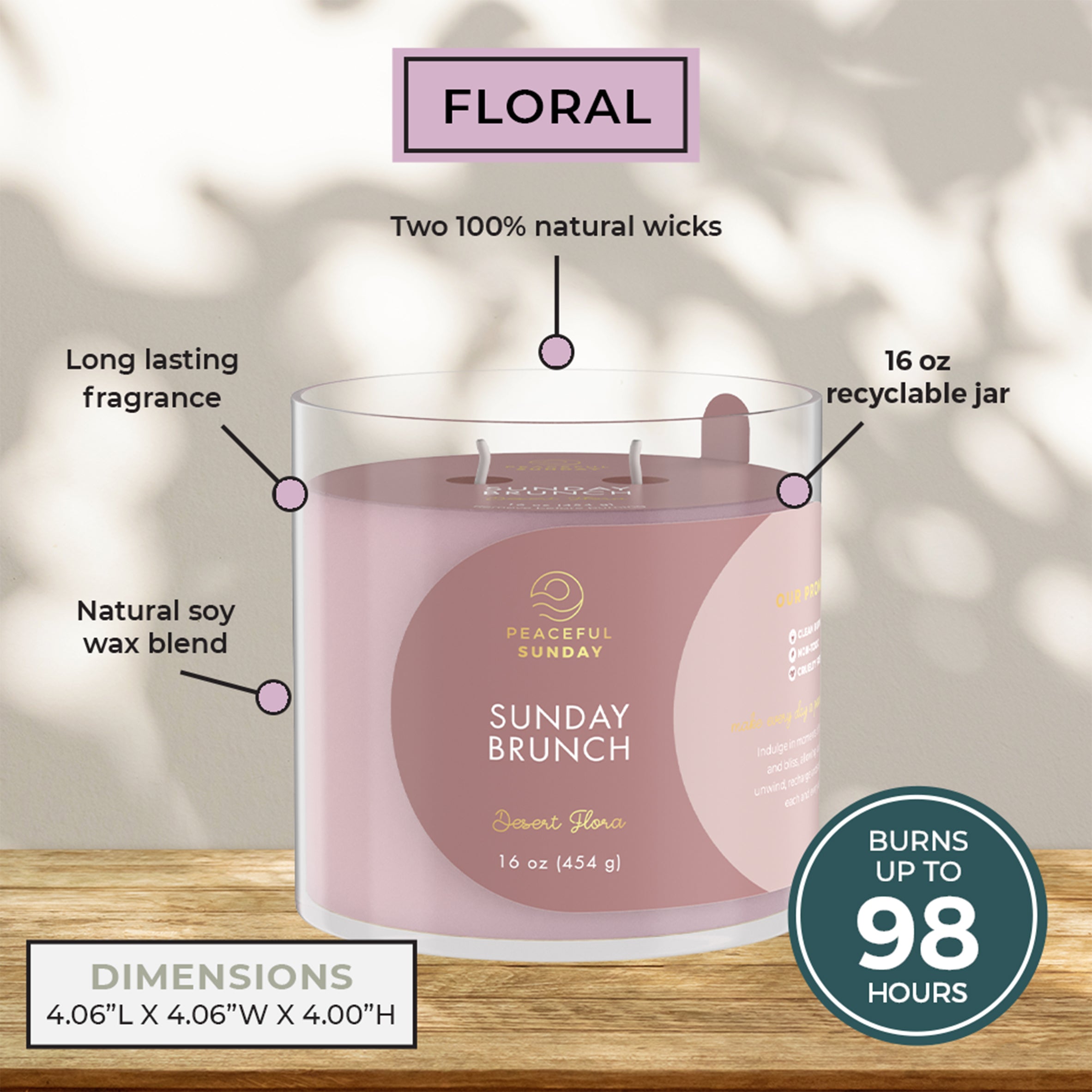 Candle labeled 'Sunday Brunch' with features highlighted on a neutral background