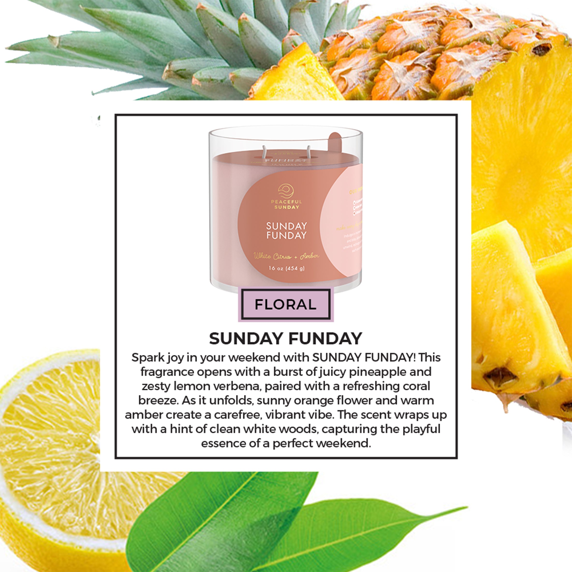 Scented candle labeled 'Sunday Funday' with pineapple and lemon elements on a white background