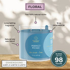 Blue candle labeled 'Perfect Picnic' with features highlighted on a wooden surface.