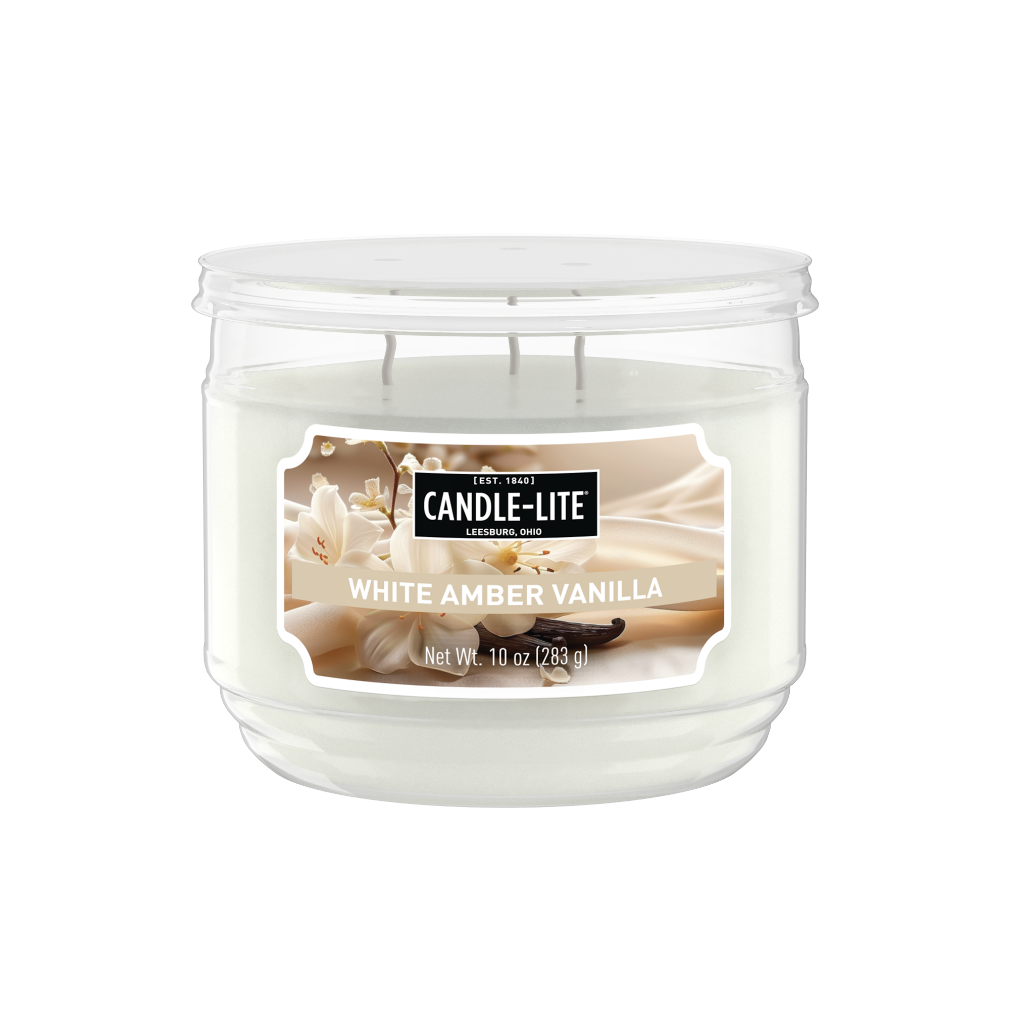 Candle-Lite White Amber Vanilla candle in a clear container on a white background