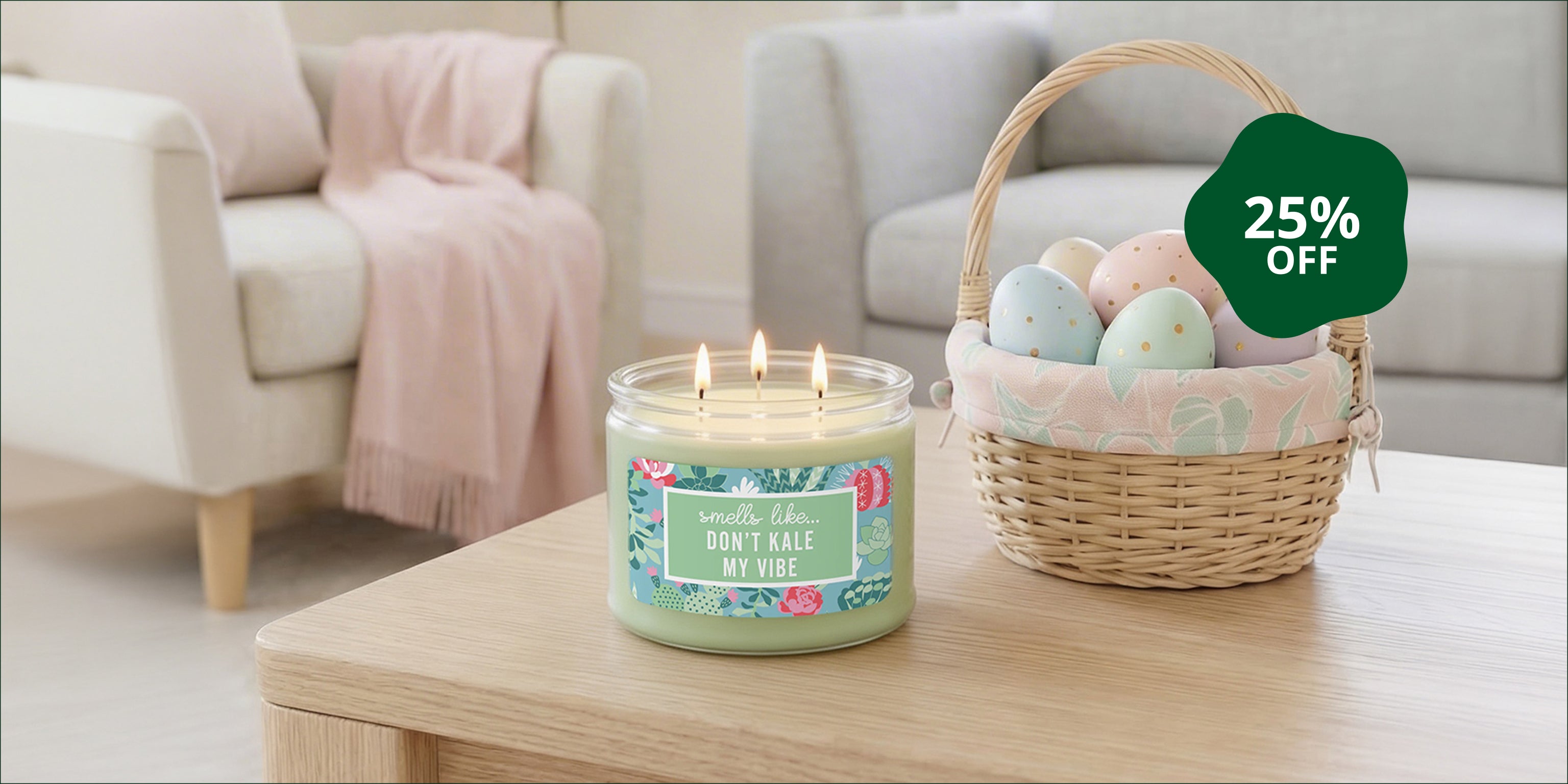 Smells like... Don't Kale My Vibe candle lit surrounded by an easter basket/easter theme lifestyle image