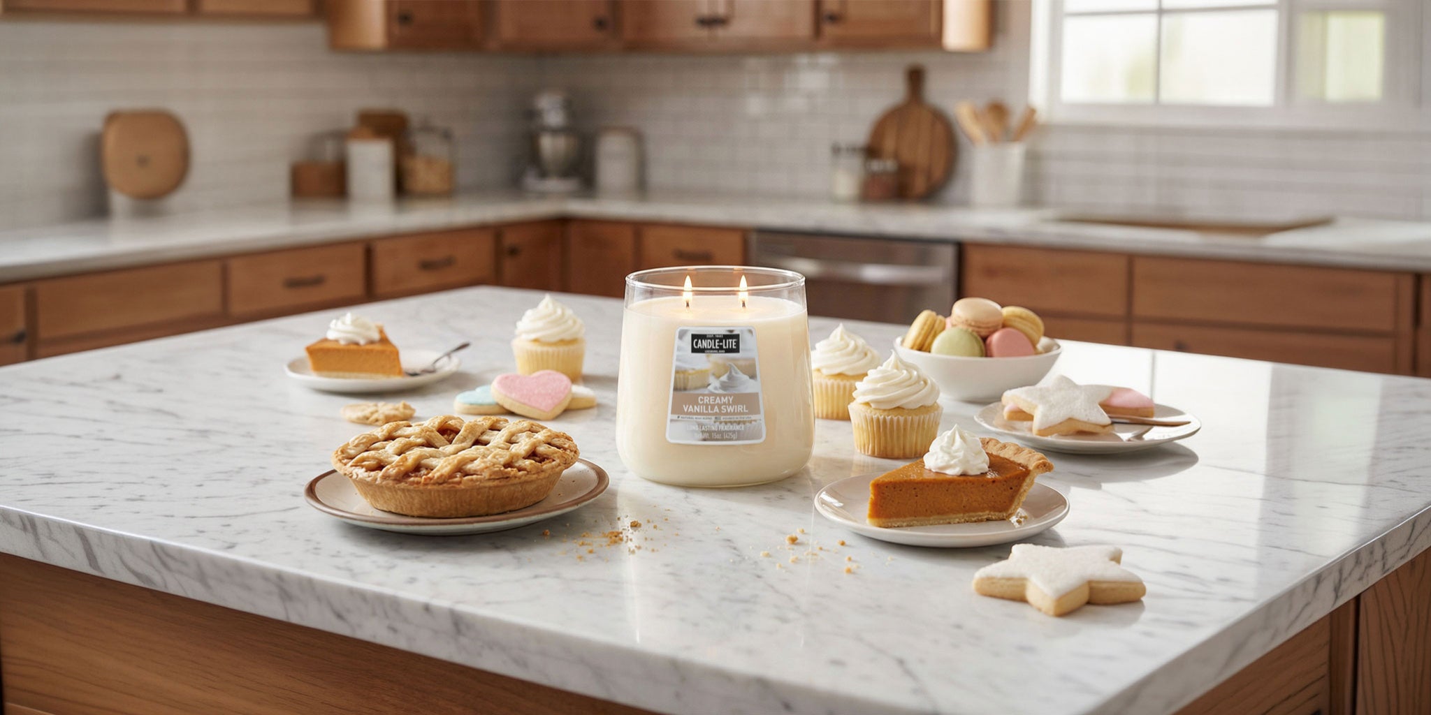 Two lit candles on a wooden table with a cozy living room background