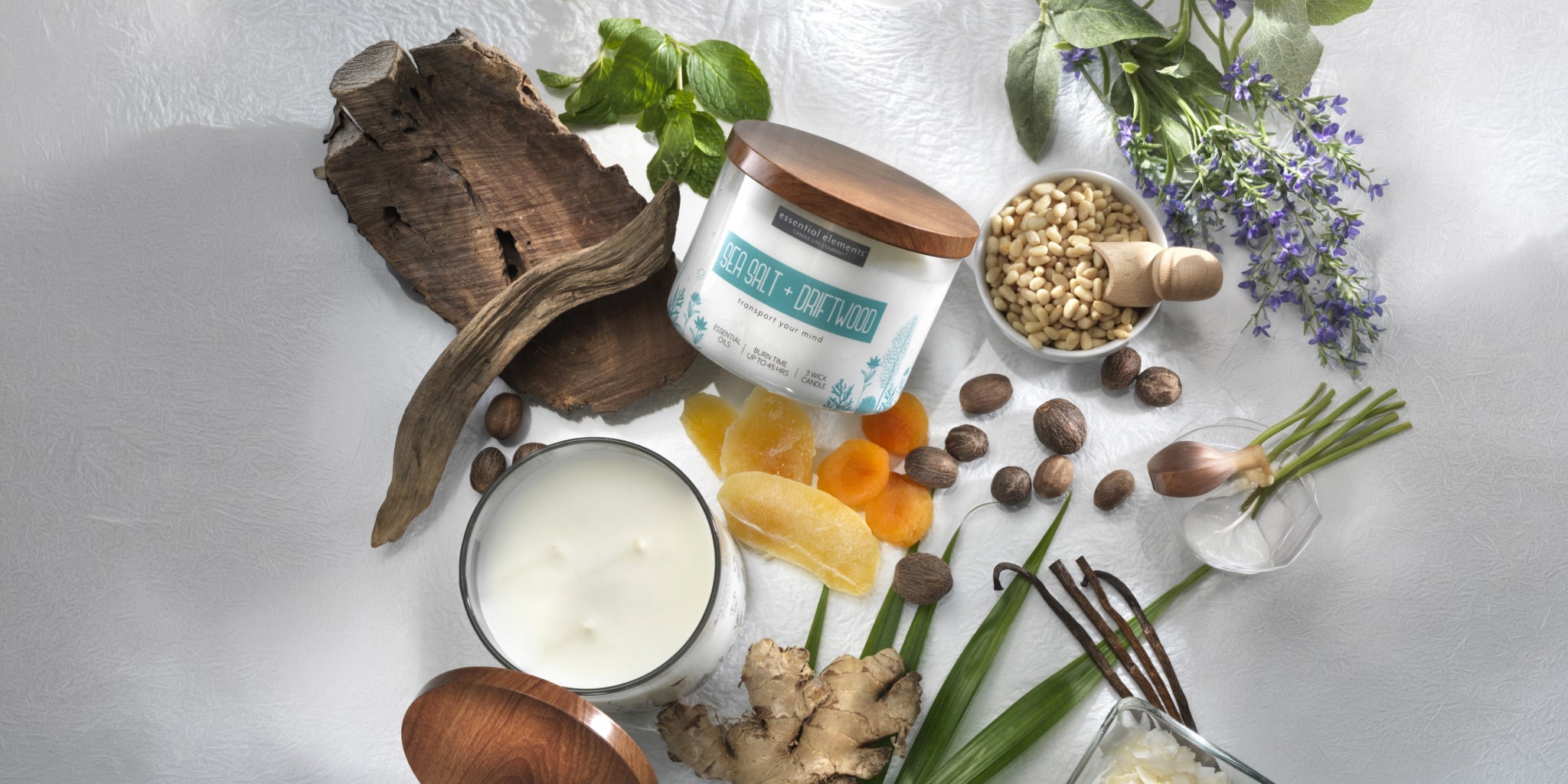 Photo of sea salt+ driftwood essential elements candle with some of the ingredients highlighted around the candle