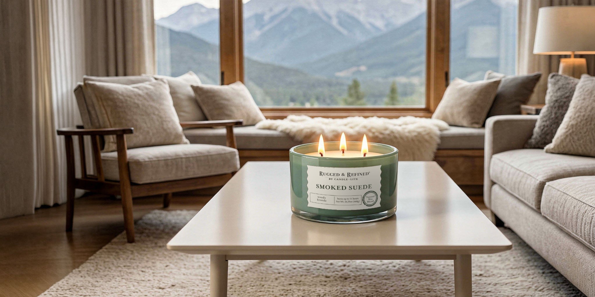 'Smoked Suede' candle lit on a coffee table