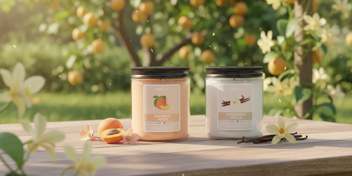Two 6.5oz candle-lite everyday candles on a table outside
