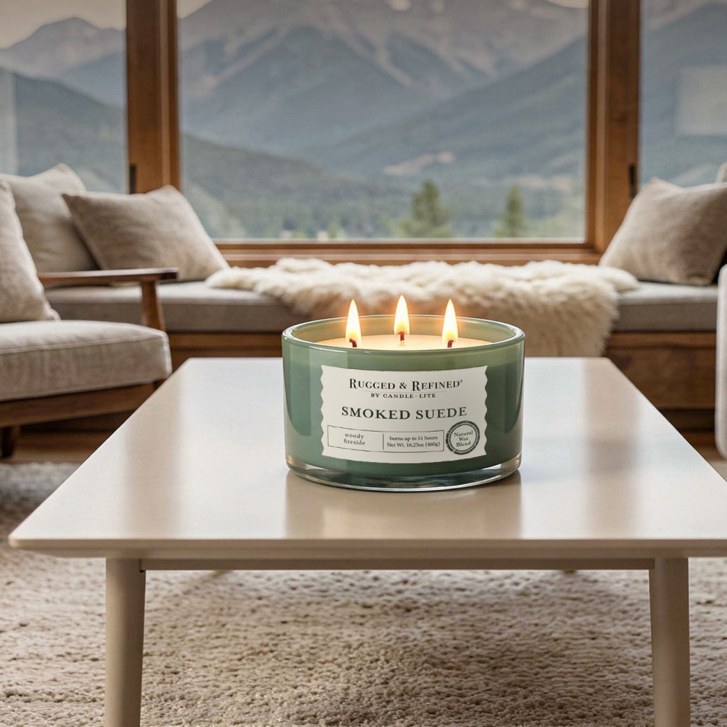 'Smoked Suede' candle lit on a coffee table