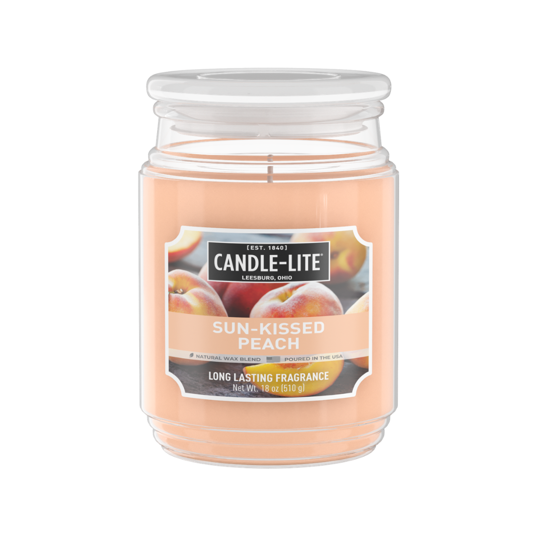 Jar candle labeled 'Sun-Kissed Peach' by Candle-Lite on a white background
