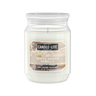 Candle-Lite White Amber Vanilla candle in a glass jar on a white background